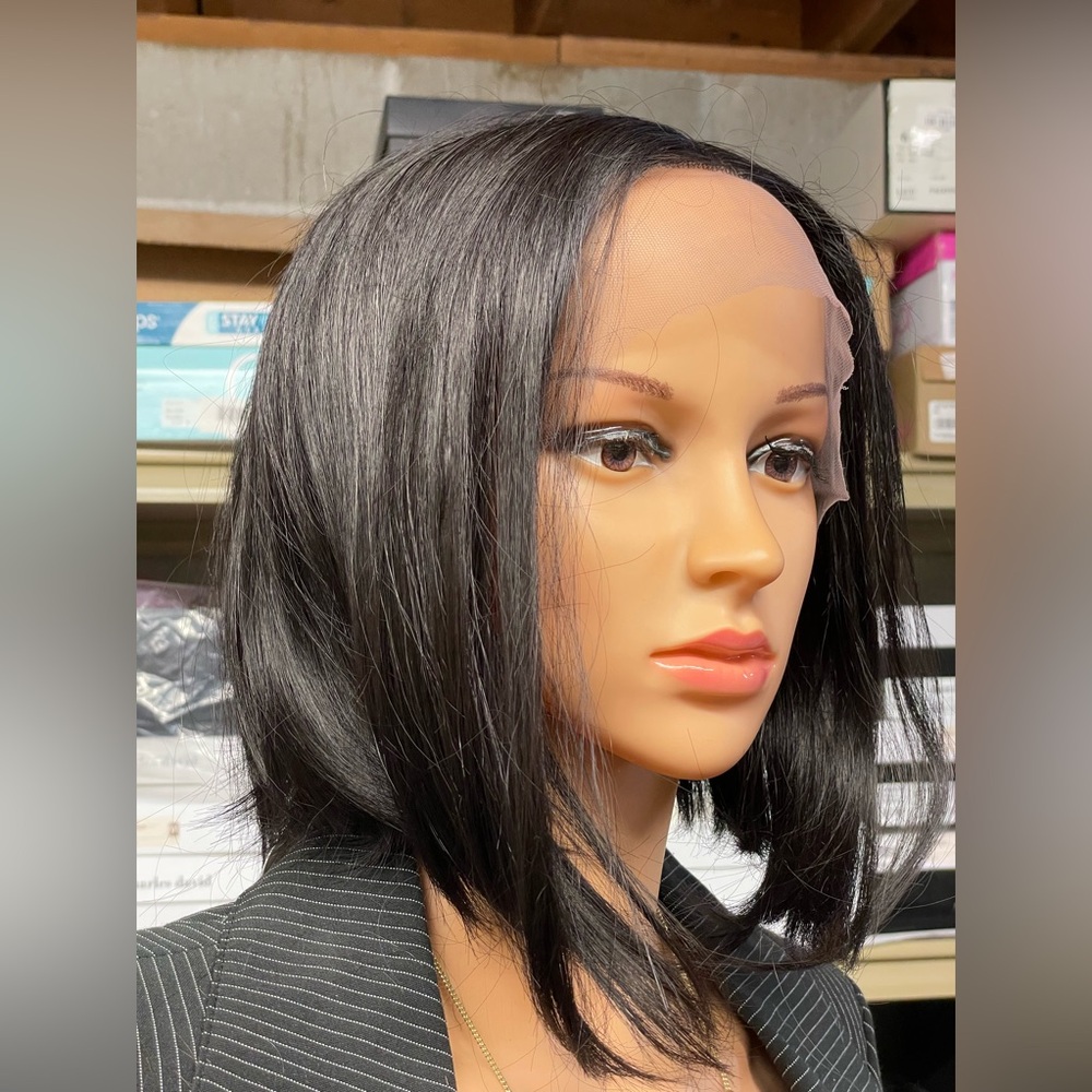 Lace front black bob wig NWT T part blended hair center Swiss wide lace 10”